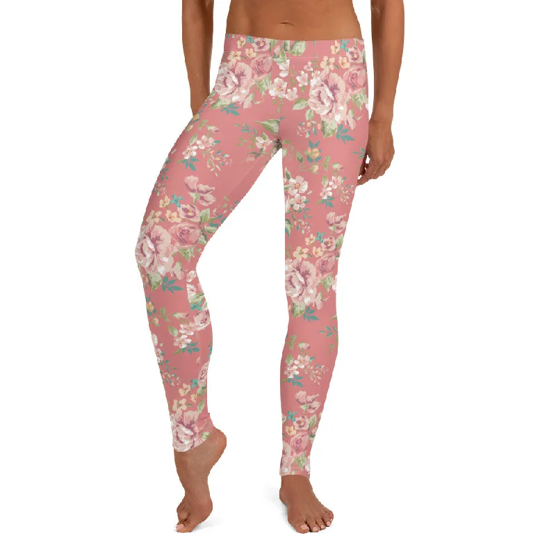 Floral Pink Leggings Elegant Shiny Black Leggings