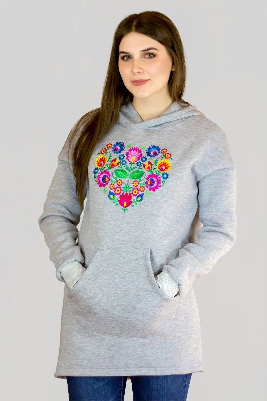 Grey Blooming Heart Embroidered Hoodie Hoodie with Fur Luxurious Winter