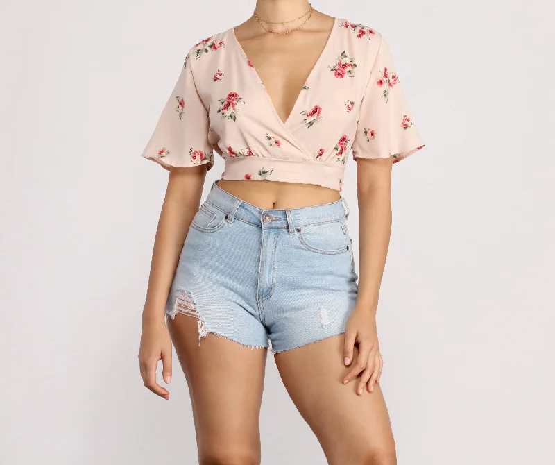 Sunny Side Floral Crop Top Collared Crop Top Boat Neck A-Line