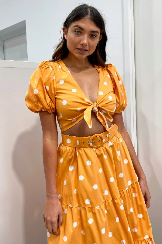 For Love & Lemons Auburn Dot Crop Top - Tangerine Rayon Fabric Velvet Fabric Corduroy Fabric