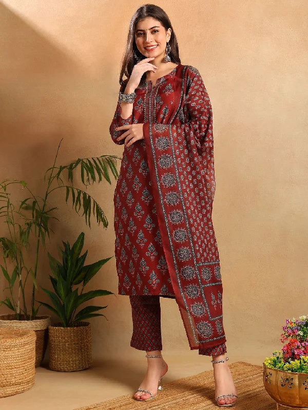 Women's Brown Rayon Blend Floral Printed Straight Kurta Trouser With Dupatta - Ahika Trousers Modern Contemporary Women's Brown Rayon Blend Floral Printed Straight Kurta Trouser With Dupatta - Ahika Trousers Modern Contemporary