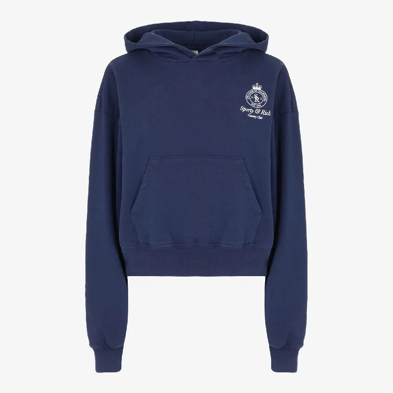 SPORTY & RICH | WMN'S CROWN LOGO CROPPED HOODIE { NAVY/WHITE Hoodie with Oversized Fit Loose Comfortable
