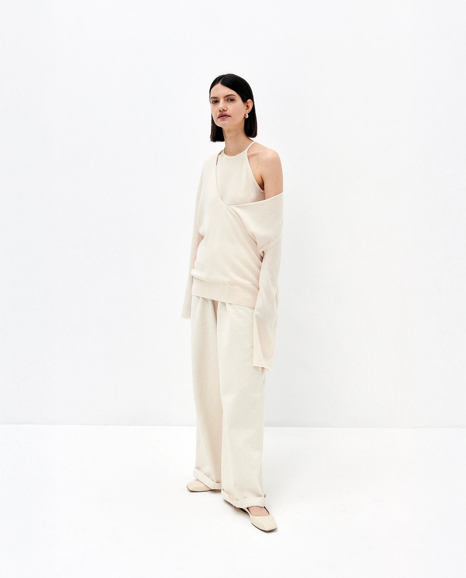 Woll-Mischung Pullover in Creme - Lockerer Schnitt Sabrina Neck Pullover