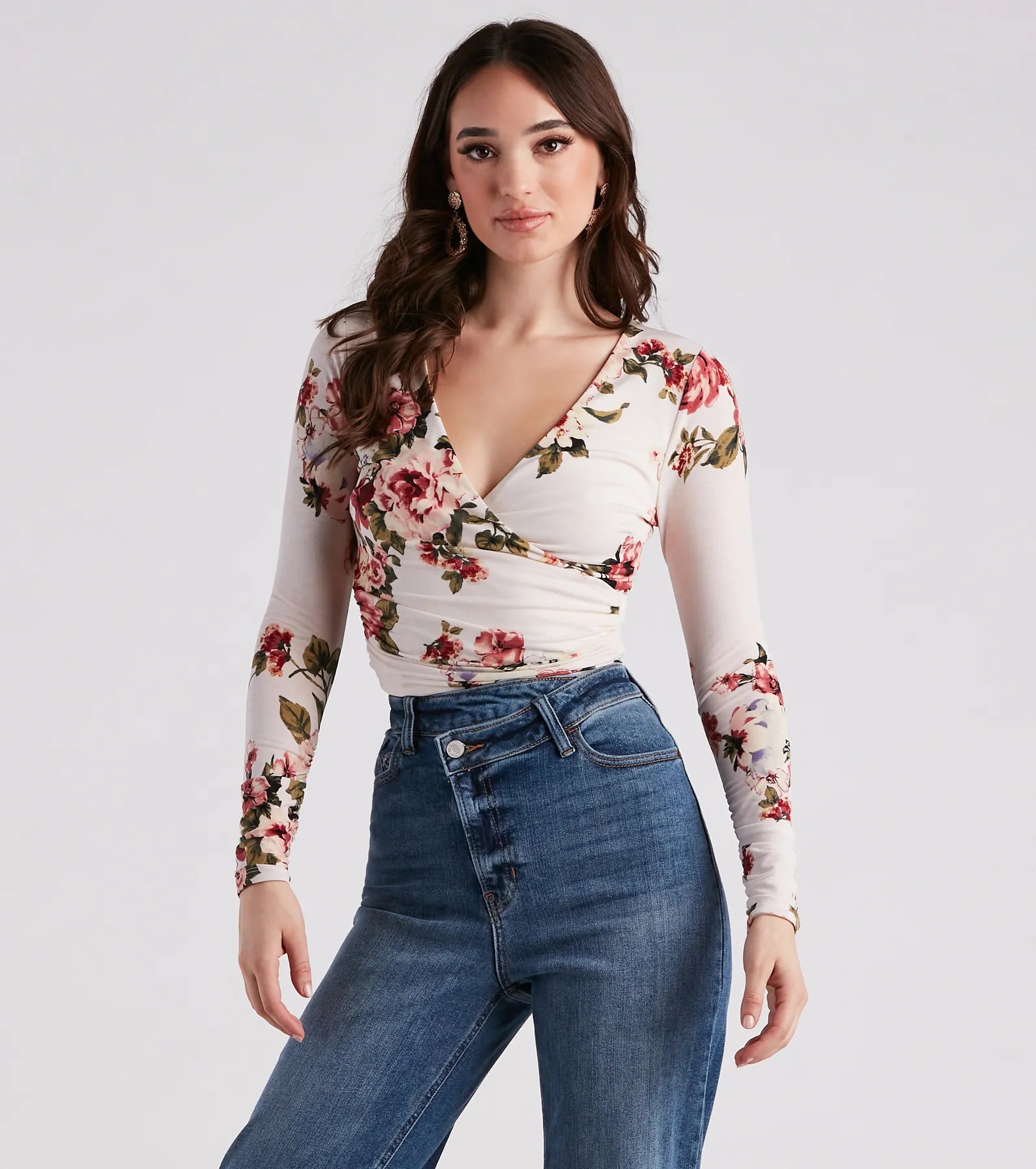 In Spring Floral Surplice Crop Top Knit Fabric Woven Fabric Fleece Fabric