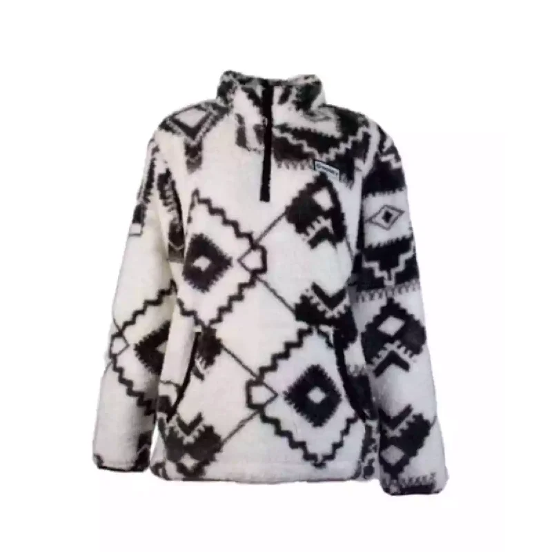 Hooey Ladies White & Black Aztec Print Fleece Pullover HFP016WHBK Shirred Sleeve Feminine Hooey Ladies White & Black Aztec Print Fleece Pullover HFP016WHBK Shirred Sleeve Feminine