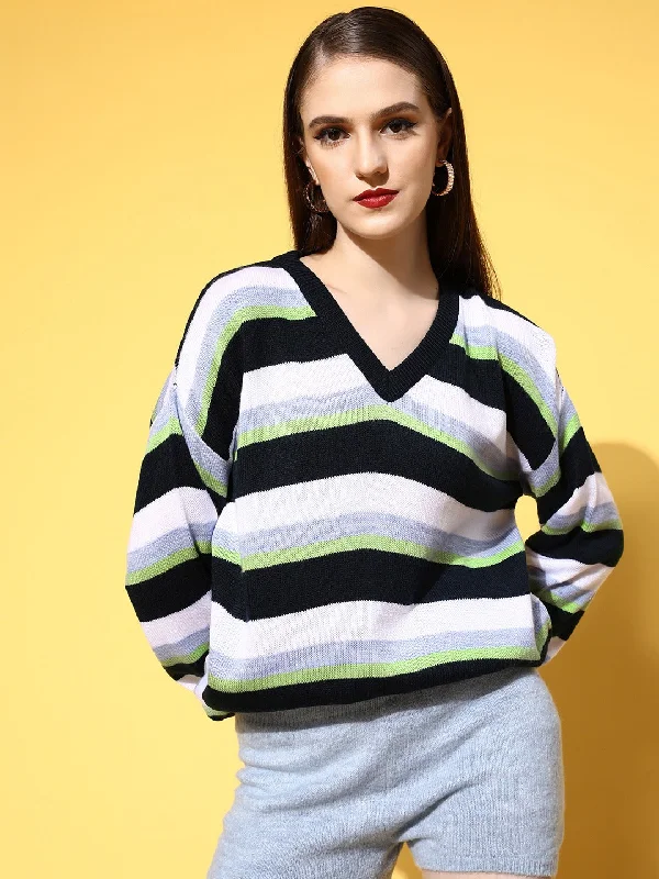 Berrylush Women Multicolour Striped Pattern V-Neck Acrylic Straight Hem Pullover Sweater Boxy Neck Sweater