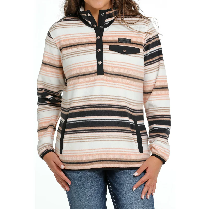Cinch Ladies White Striped Polar Fleece Pullover MAK9819007 Seamless Knit Pullover