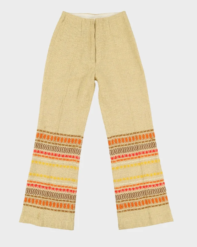 Vintage 1970s Beige Woven Trousers - W25 L29 Trousers Leather Faux