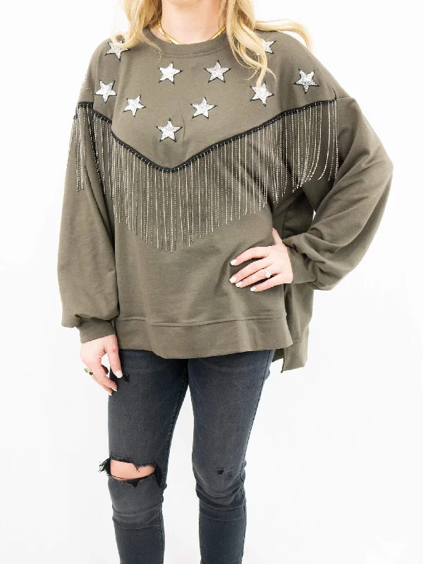 Oversized Sequin Star and Fringe Pullover Faux Fur Trim