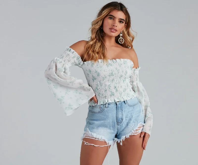 Radar On Florals Smocked Crop Top Houndstooth Herringbone Solid