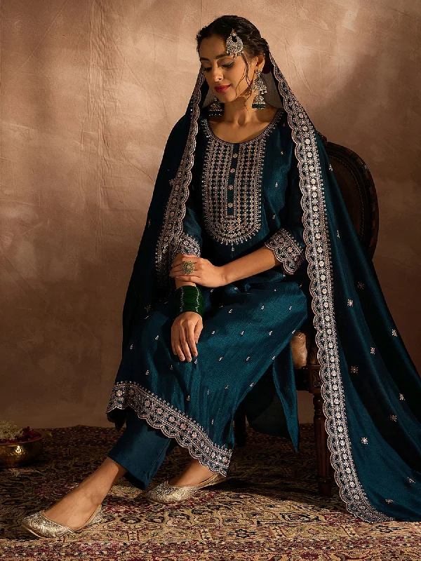 Women's Teal Embroidered Straight Kurta Trousers With Dupatta Set - Indo Era Trousers Denim Distressed Women's Teal Embroidered Straight Kurta Trousers With Dupatta Set - Indo Era Trousers Denim Distressed