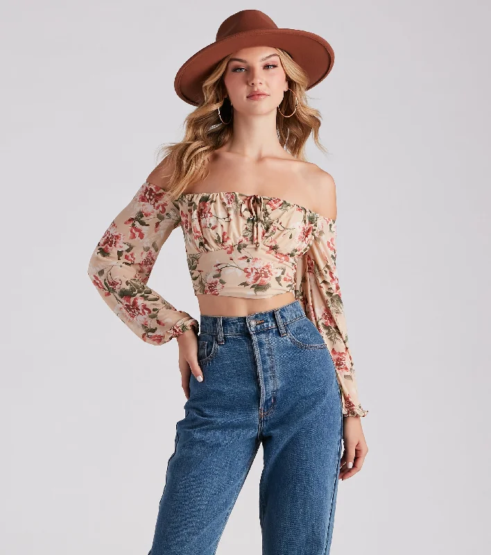 Flawless Floral Mesh Tie Crop Top Front Pockets Side Pockets Patch Pockets
