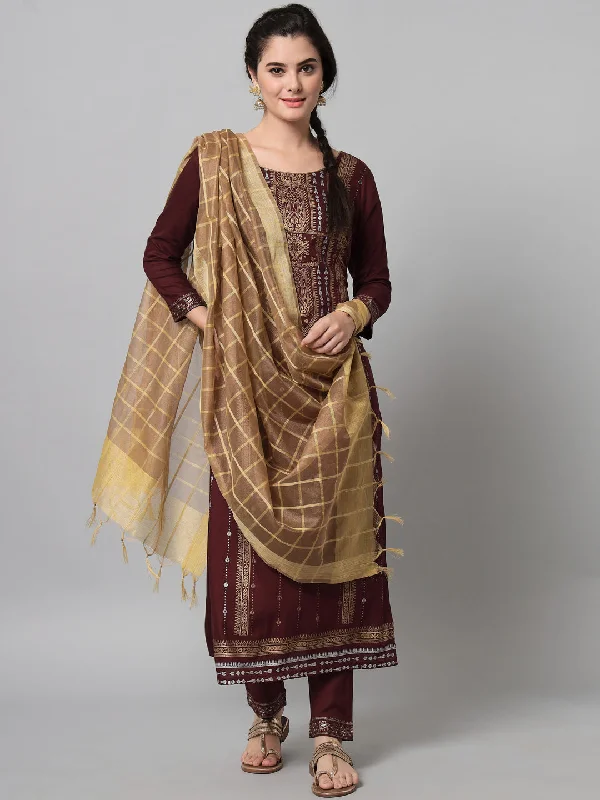 Women's Wine And Golden Printed Kurta And Trouser Set - Tulsattva Wide Leg Loose Fit Mid Waist