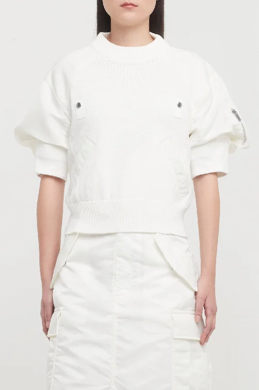 Sacai Nylon Twill Knit Pullover in Off White One Shoulder Top