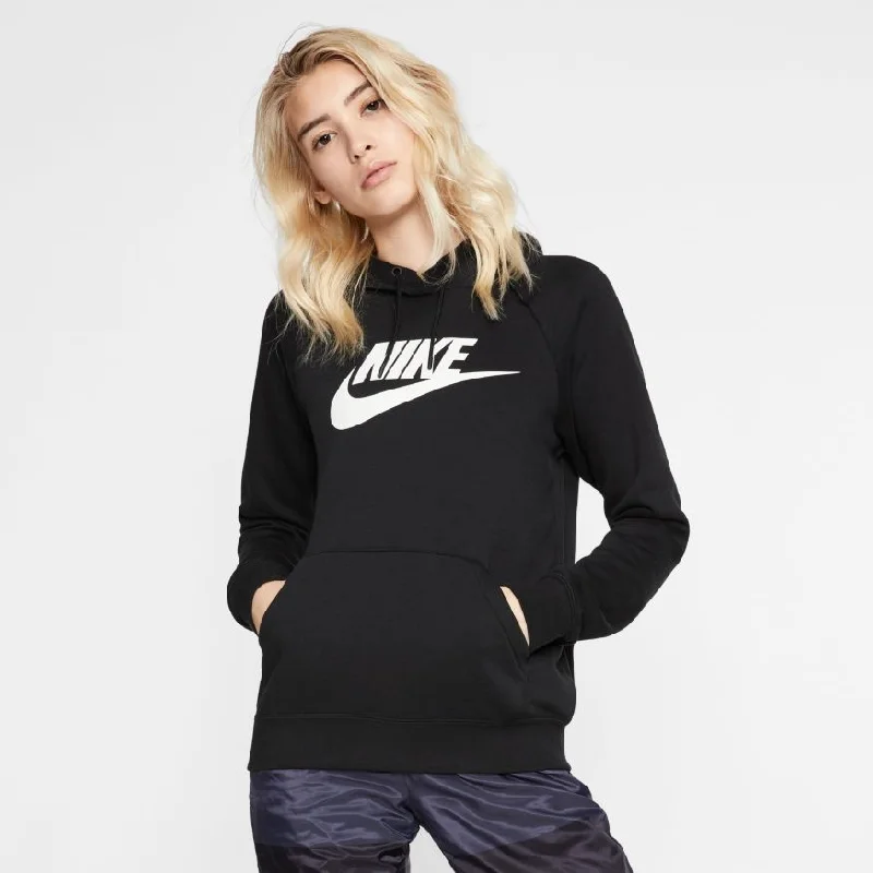 Women's Nike Fleece Pullover Hoodie - BLACK/WHITE Gathered Sleeve Pullover
