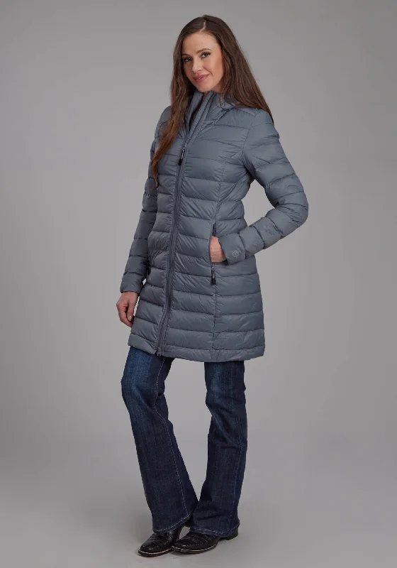 2165 SILVER BLUE DOWN PROOF LONG COAT Square Neck One-Shoulder Off-the-Shoulder