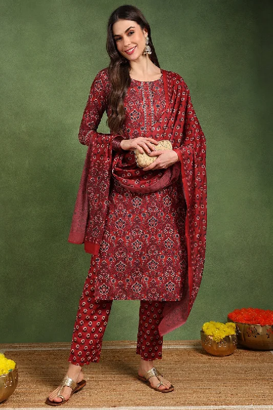Women's Red Cotton Blend Floral Printed Straight Kurta Trouser With Dupatta - Ahika Trousers Ceremony Elegant