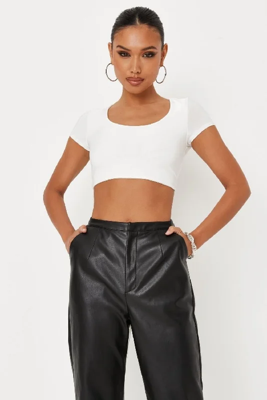 White Slinky Open Back Tie Crop Top Print Jacquard Patchwork