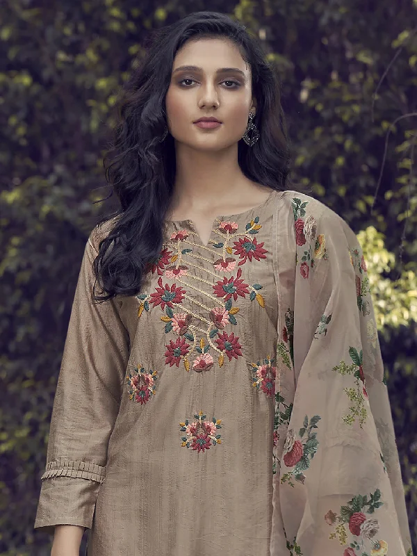 Women's Coffee Embroidered Straight Kurta Trouser With Dupatta Set - Indo Era Trousers luxurious high-end