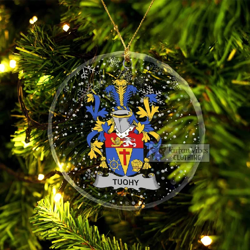 Tuohy Irish Clan Christmas Glass Ornament with Coat of Arms Mesh Canvas Denim