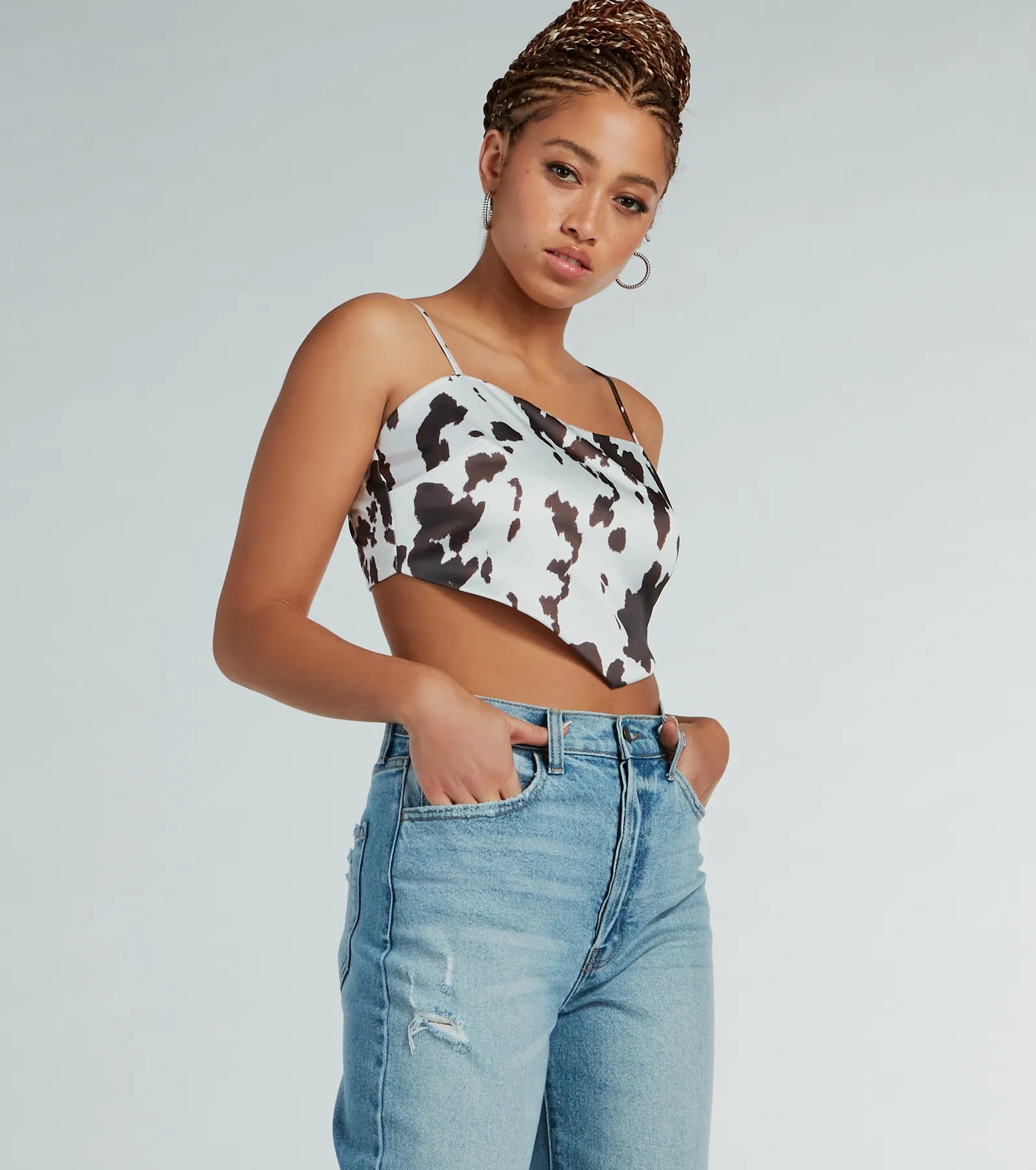Country Chick Cow Print Satin Crop Top Lace Blend Ribbed Blend Corduroy Blend