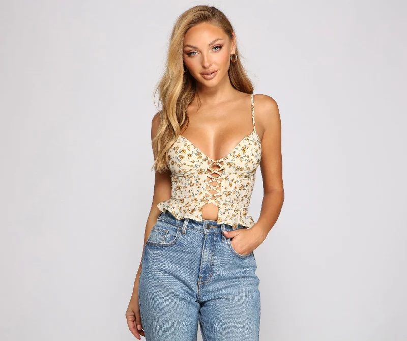 Laced In Florals Peplum Crop Top Lace Blend Ribbed Blend Corduroy Blend