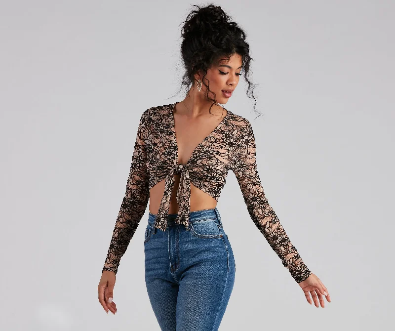Flirty Floral Lace Tie Front Crop Top Solid Print Embellished