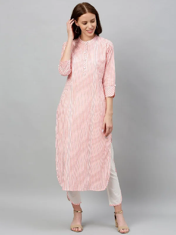 Women's Peach-Coloured & White Printed Kurta With Trousers - Kipek Trousers Spring Floral