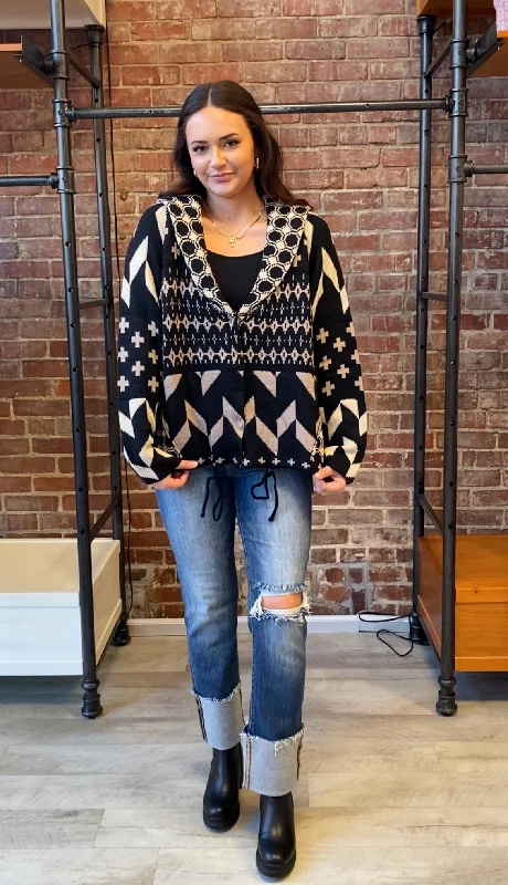 Ethnic Printed Knit Sweater Pullover | Black Taupe Notched Neck Pullover