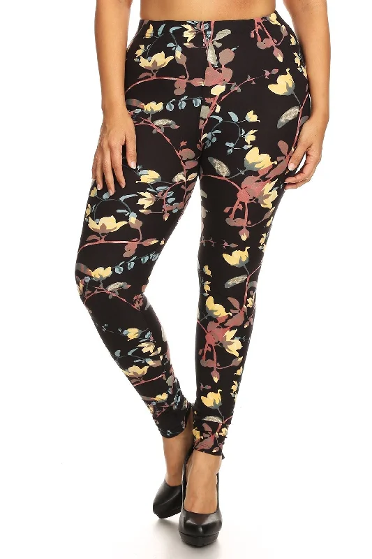 Blue Zone Planet | Plus Size Floral Print, Full Length Leggings In A Slim Fitting Style With A Banded High Waist Fashionable Ribbed Knit Leggings Blue Zone Planet | Plus Size Floral Print, Full Length Leggings In A Slim Fitting Style With A Banded High Waist Fashionable Ribbed Knit Leggings