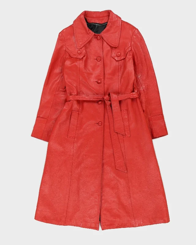 Vintage 1970s Red Leather Coat - S Hooded Caped Scarf