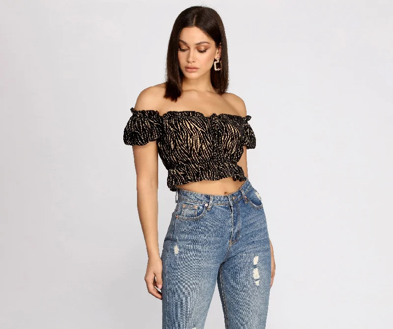 Zebra Off-Shoulder Puff Sleeve Crop Top Polka Dot Checkered Tartan