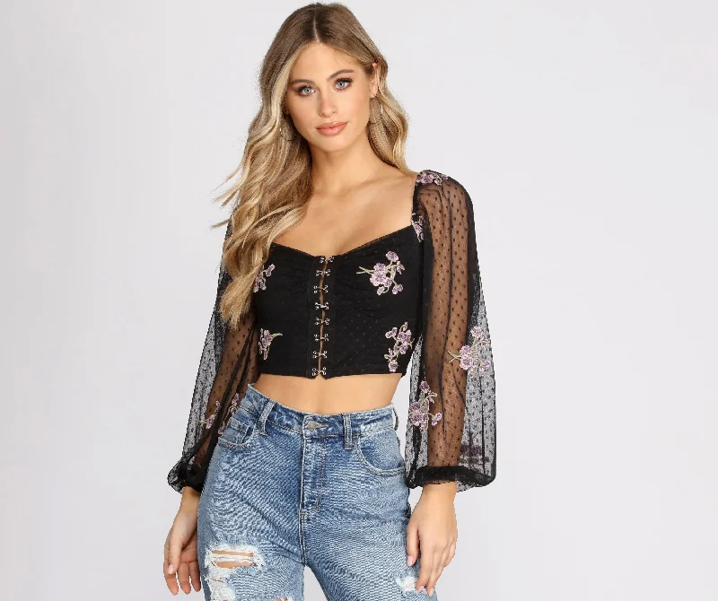 Sweet As Can Be Mesh Crop Top Houndstooth Herringbone Solid
