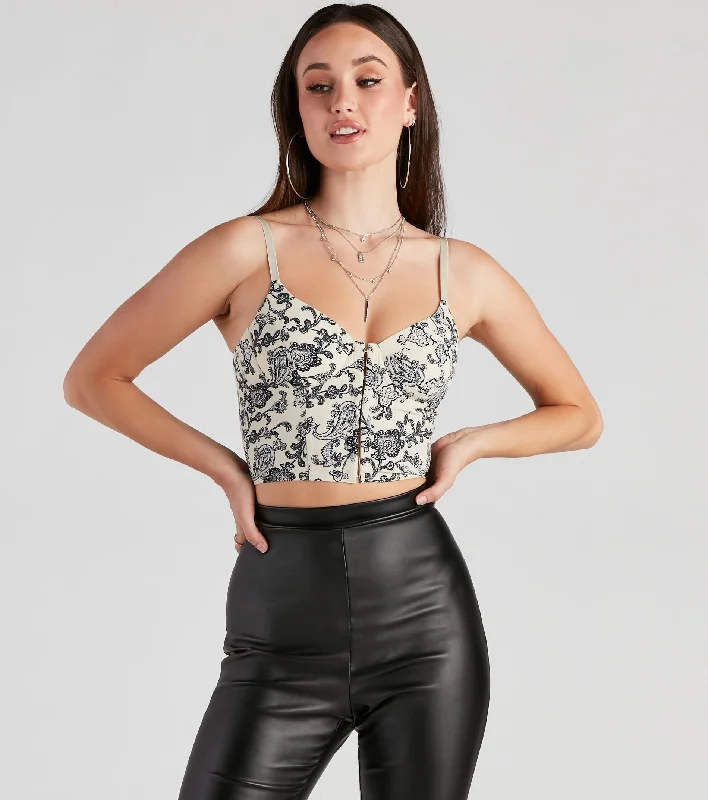 Vibe In Paisley Corset Crop Top Welt Pockets Slit Pockets Flap Pockets