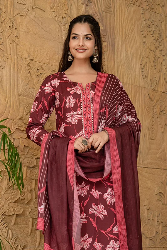 Women's Maroon Rayon Blend Floral Printed Straight Kurta Trouser With Dupatta - Ahika Trousers Culottes Wide Leg Women's Maroon Rayon Blend Floral Printed Straight Kurta Trouser With Dupatta - Ahika Trousers Culottes Wide Leg