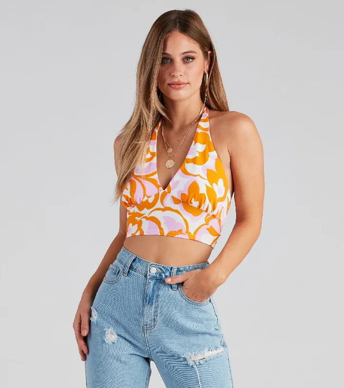 Retro Fab Floral Halter Crop Top Striped Floral Plaid