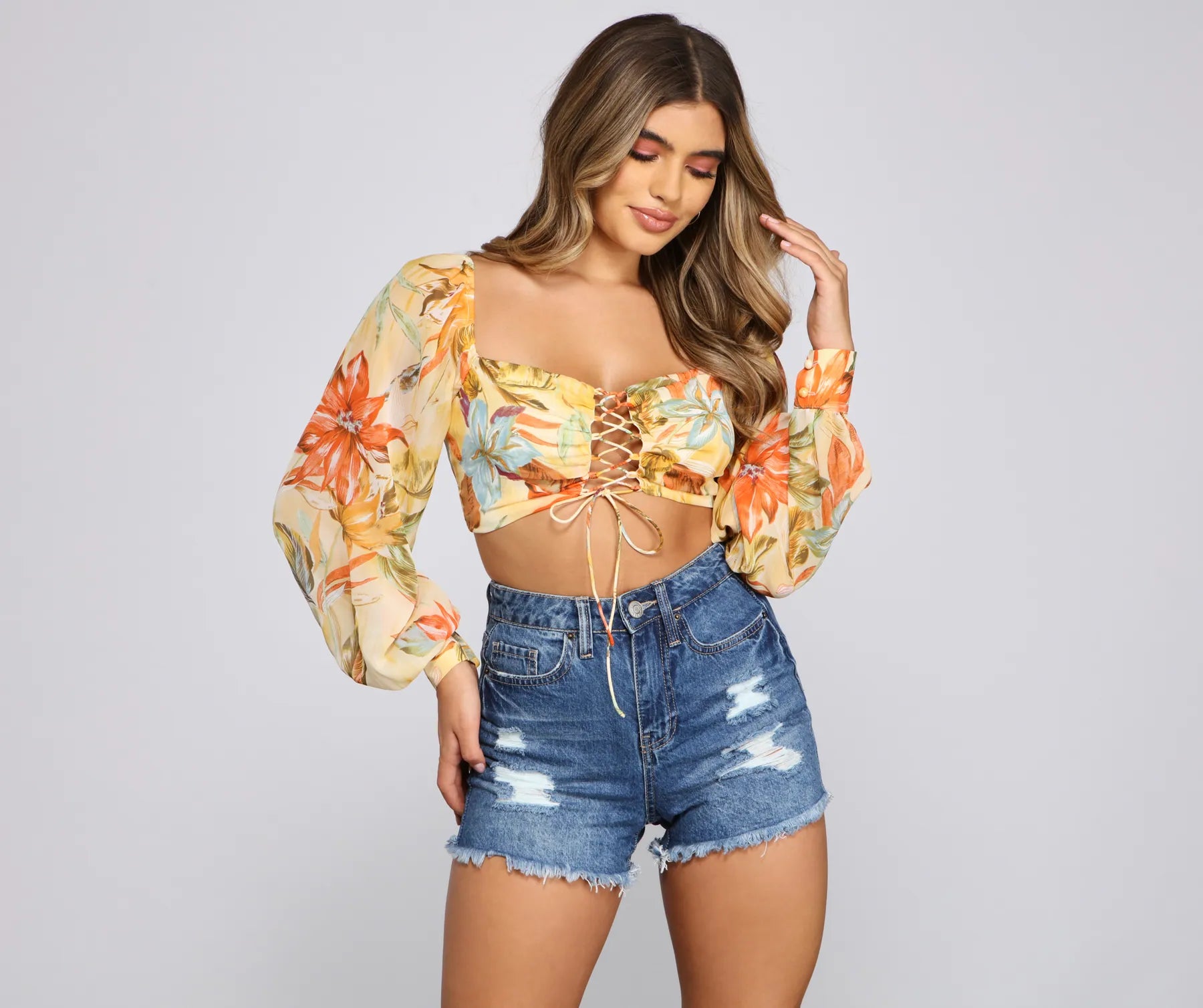 Tropical Vibes Lace-Up Crop Top Wool Fabric Cashmere Fabric Tweed Fabric