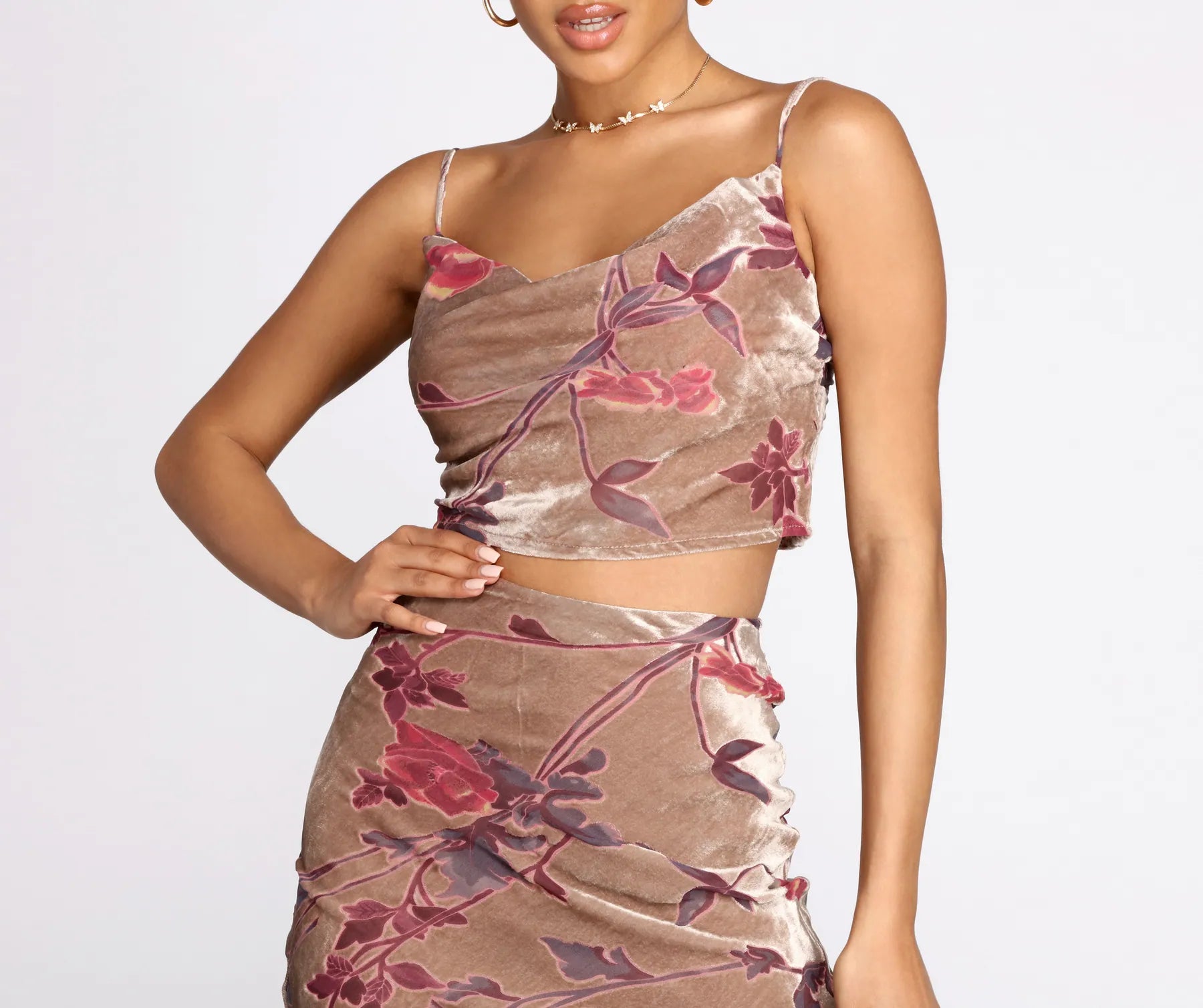 Velvet Floral Burnout Crop Top Print Jacquard Patchwork