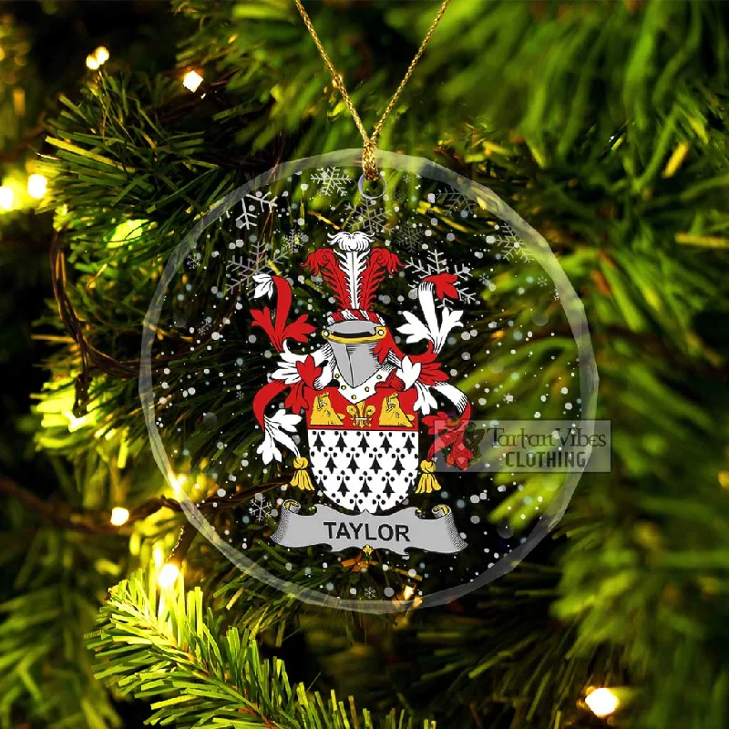 Taylor Irish Clan Christmas Glass Ornament with Coat of Arms Tie-Waist Belted Drawstring