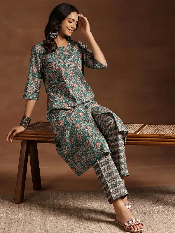 Blue Printed Cotton A-line Kurta With Trousers Trousers Flared Retro