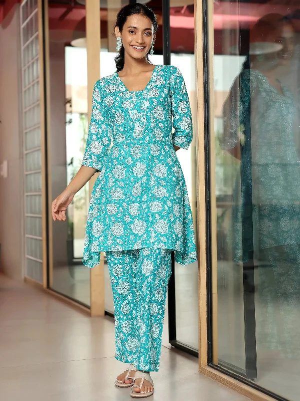 Blue Printed Cotton A-Line Kurta With Trousers Trousers Satin Smooth