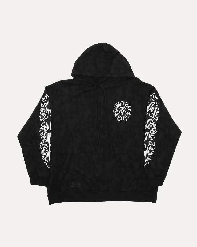Cemetery Cross Horseshoe Logo Hoodie Hoodie with Raw Hem Edgy Unfinished