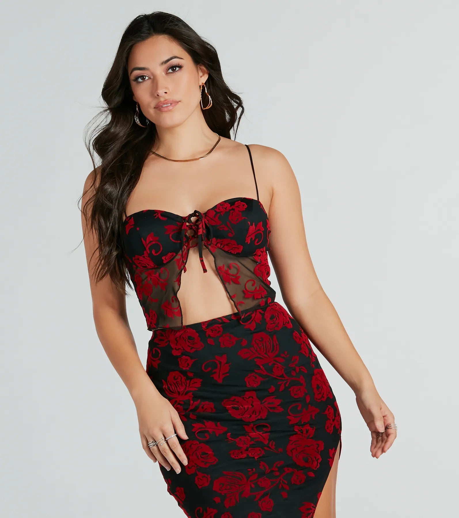 Elevated Allure Rose Burnout Mesh Crop Top Crop Top Seamless Stretchy