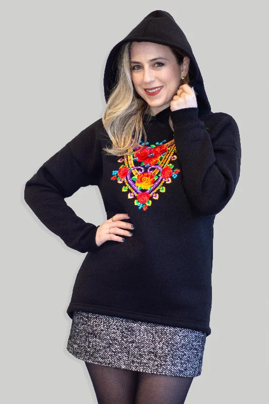 Halina Embroidered Black Hoodie Hoodie with Drawcord Adjustable Secure