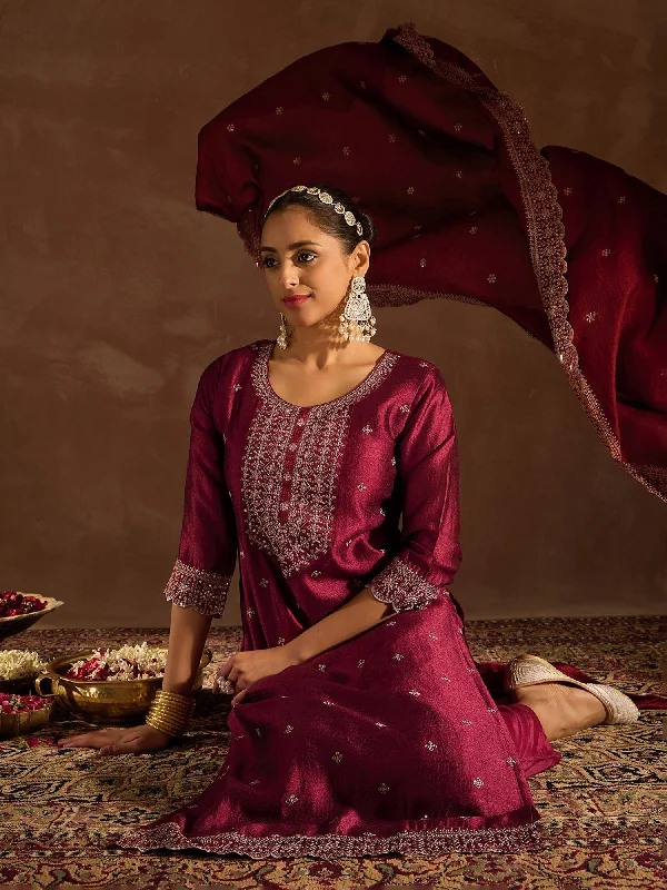 Women's Maroon Embroidered Straight Kurta Trousers With Dupatta Set - Indo Era Trousers Evening Elegant