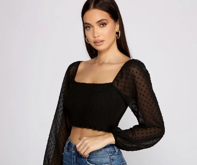Dotted Darling Smocked Crop Top Mesh Blend Leather Blend Suede Blend