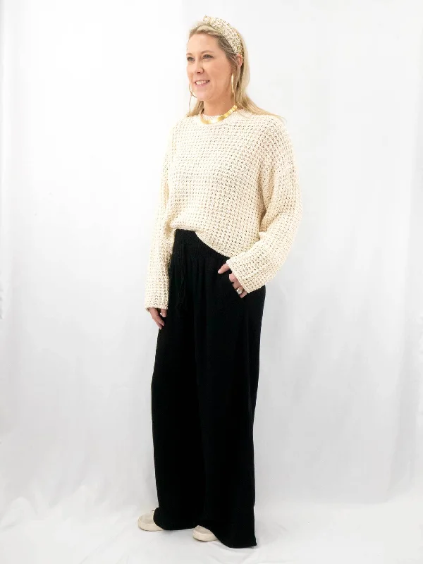 Oatmeal Crochet Crew Neck Pullover Top Cashmere Luxurious Pullover