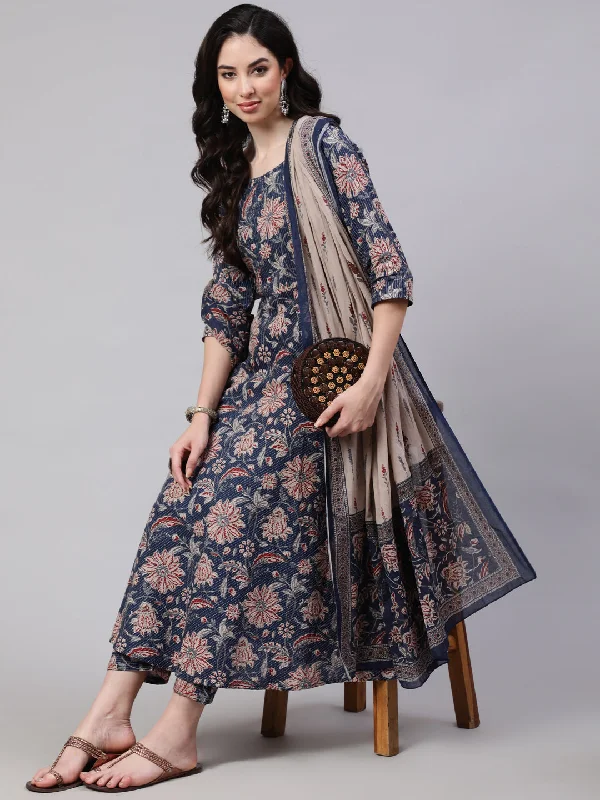 Women's Blue Floral Printed Anarkali Kurta With Trouser And Dupatta - Taantav Trousers High Rise Slim Fit Women's Blue Floral Printed Anarkali Kurta With Trouser And Dupatta - Taantav Trousers High Rise Slim Fit