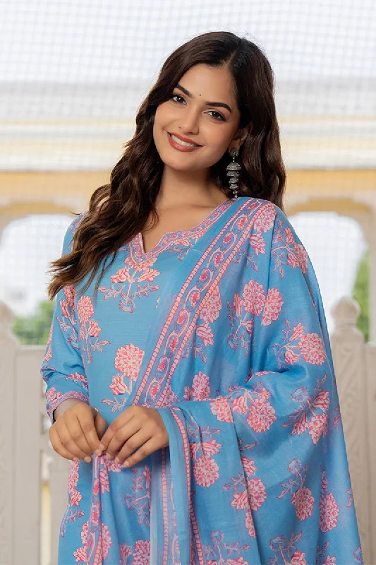Women's Blue Rayon Blend Floral Printed Straight Kurta Trouser With Dupatta - Ahika Trousers Leather Faux Women's Blue Rayon Blend Floral Printed Straight Kurta Trouser With Dupatta - Ahika Trousers Leather Faux