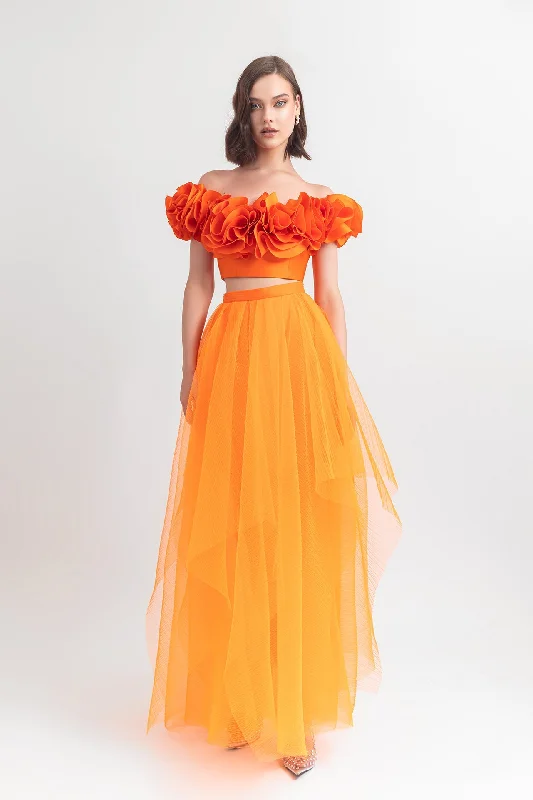Ruffled crop top with pleated tulle skirt Chenille Blend Fleece Blend Nylon Blend